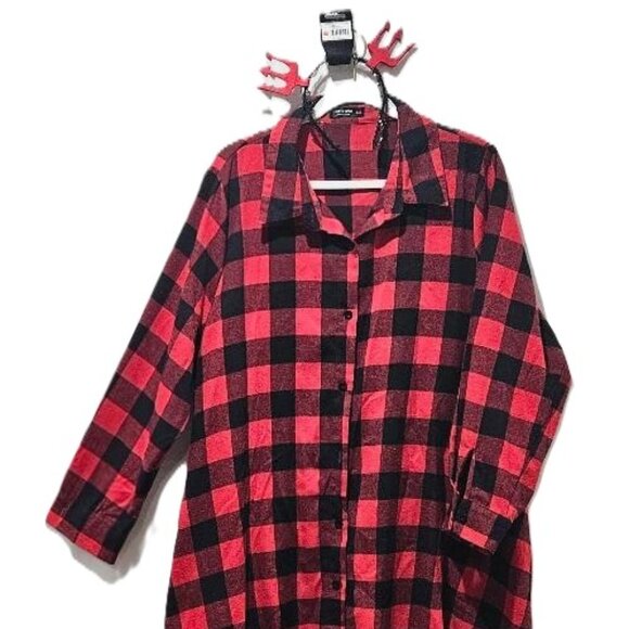 BLACK & RED BUFFALO PRINT PLAID BUTTON DOWN FLANNEL SHIRT W DEVIL HEADBAND  2X - Picture 1 of 5